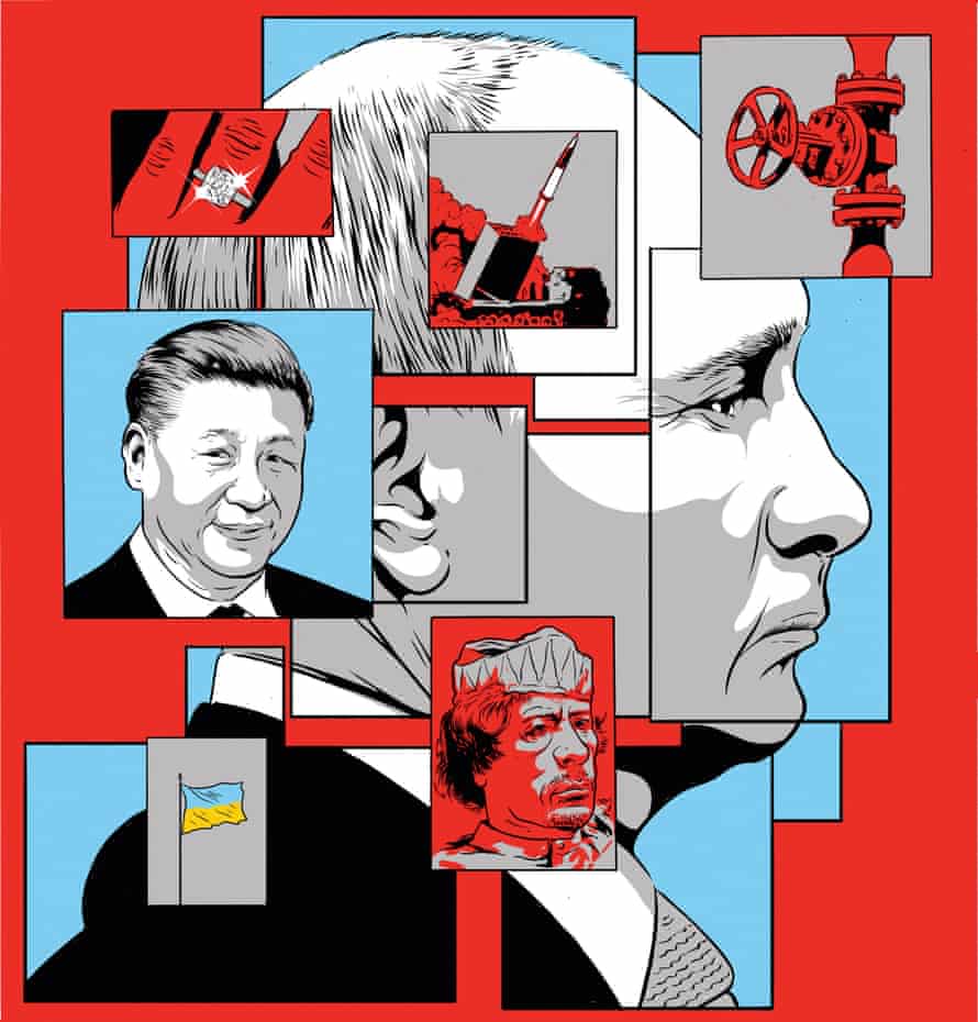 An illustration of Vladimir Putin’s head in profile, overlaid with smaller images of Xi Jinping, Muammar Gaddafi, a Ukrainian flag, a missile, a ring on a finger and a tap on a pipe