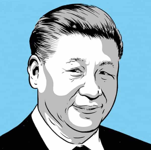 A black-and-white illustration of Xi Jinping against a blue background