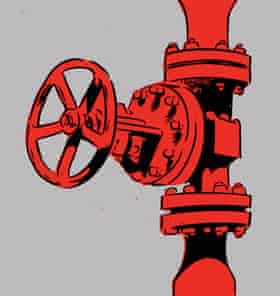 An illustration of a red tap on a pipe, against a grey background