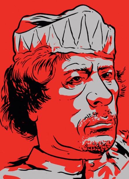 A black, white and red illustration of Muammar Gaddafi’s head