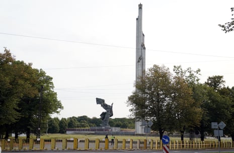 Barriers are placed around The Monument to the Liberators of Soviet Latvia and Riga from the German Fascist Invaders, in Riga’s Victory Park, Latvia, in August 2022, prior to its removal.