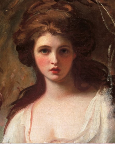 Portrait of Emma Hart, posed as Circe, the mythological enchantress, wearing a classical dress with loose, flowing hair. Emma Hart as Circe, by George Romney