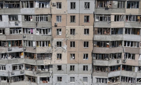 An apartment building is damaged during a massive Russian drone strike in Odesa, Ukraine.