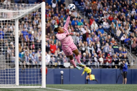 Kansas City Current goalkeeper Adrianna Franch claws away a shot during their semi-final victory against OL Reign.