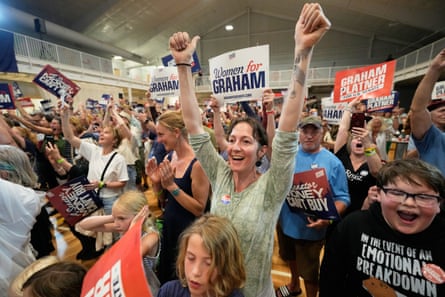 People cheering, one woman with arms held up in the air, another behind holding a sign reading: ‘Women for Graham’