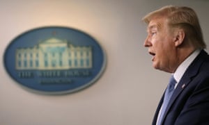 Donald Trump holds a news briefing on the coronavirus outbreak at the White House in Washington DC Monday.