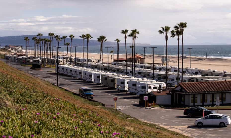 Rows of recreational vehicles sit in Dockweiler beach RV park. They can be used to temporarily house individuals affected by the coronavirus who are unable to self-isolate.