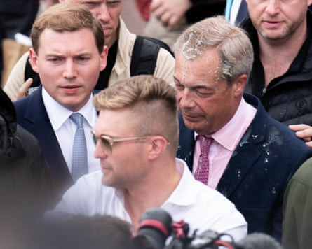 Nigel Farage with George Cottrell (left), after Farage during his campaign launch in Clacton, 2024.