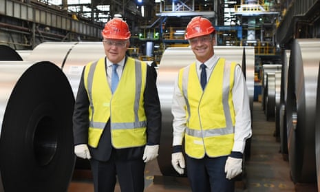 Prime Minister Scott Morrison (left) and Minister for Energy and Emissions Reduction Angus Taylor (right) during a visit to BlueScope Steel in Port Kembla, Wollongong, NSW, September 17, 2020.