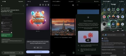 Screenshots showing various AI features on the Google Pixel 9 Pro XL.