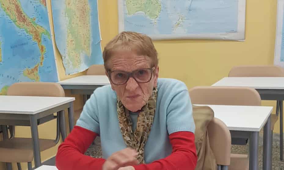 90-year-old Annunziata Murgia in a classroom, where she is studying for his middle school diploma at the age of 90.