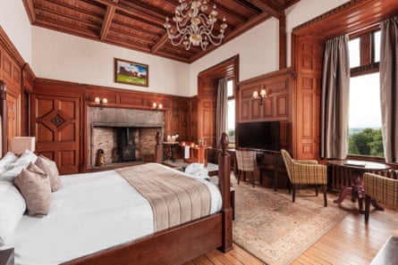 Large wood-panelled bedroom with big stone fireplace, a chandelier and views of trees
