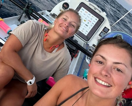 Jess Rowe (left) and Miriam Payne, who are rowing across the Pacific Ocean from Peru to Australia on board their boat Velocity