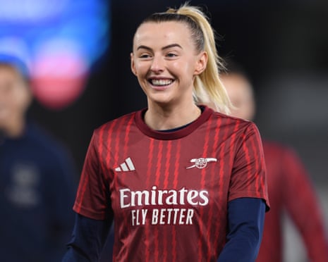 Arsenal’s Chloe Kelly smiles during the warm up ahead of the match against Leuven.