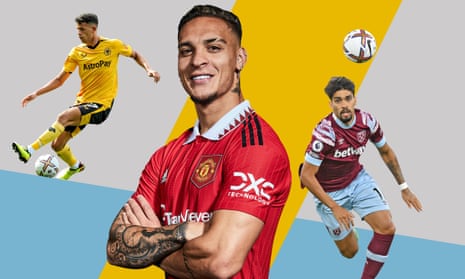 From left: Matheus Nunes of Wolves, Manchester United’s Antony and Lucas Paquetá of West Ham.