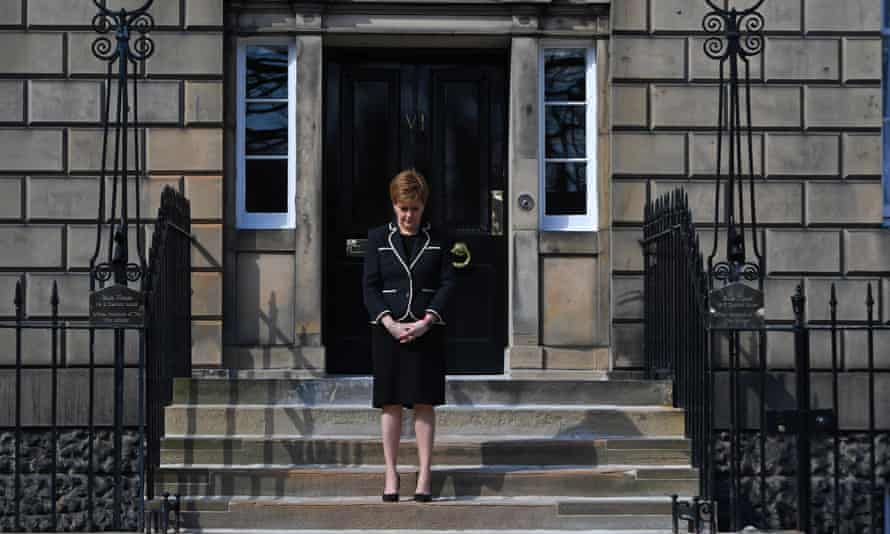 Scotland’s First Minister Nicola Sturgeon observes a minute’s silence outside Bute House on April 17, 2021 in Edinburgh, United Kingdom.