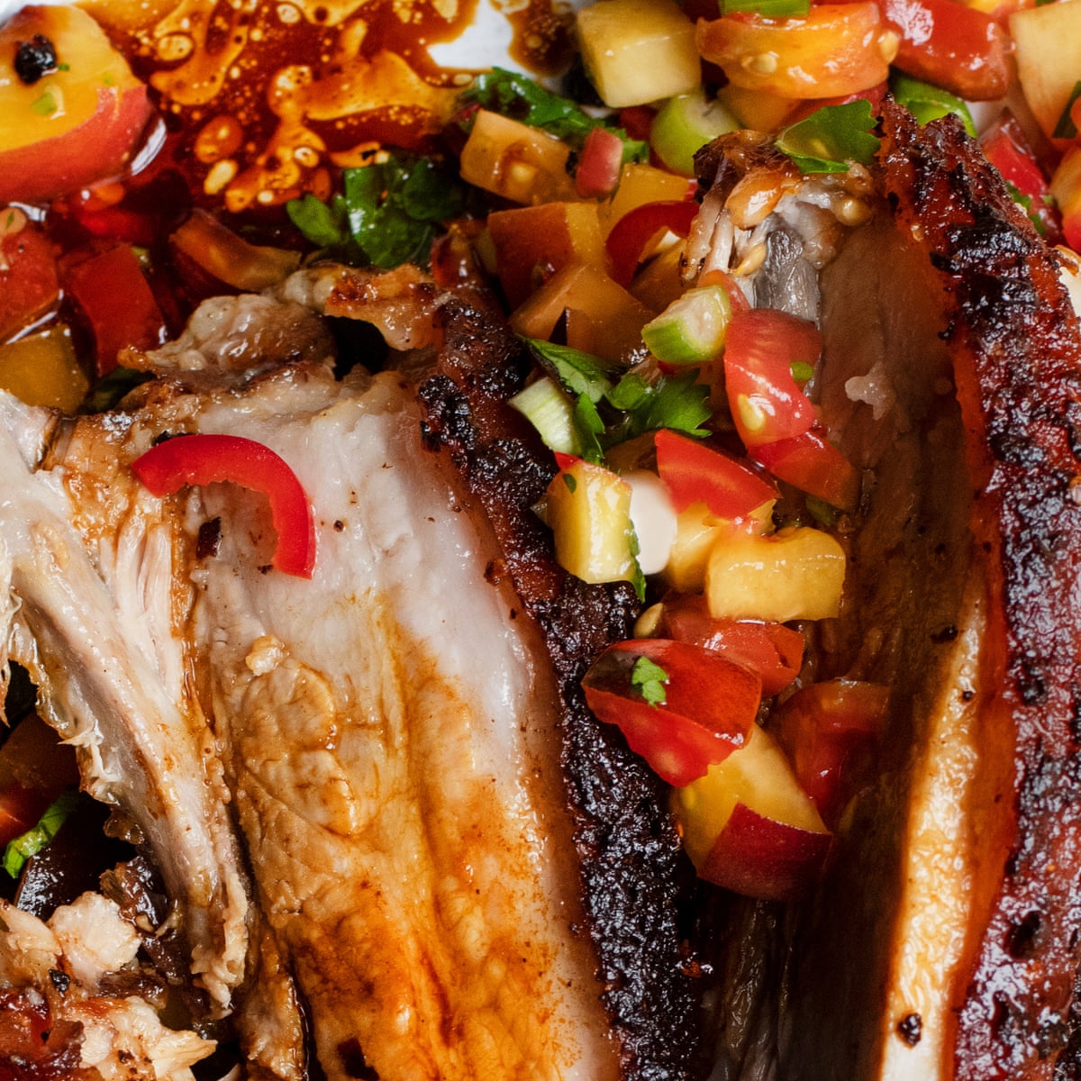 Nigel Slater's recipes for roast pork with peach salsa, and roast