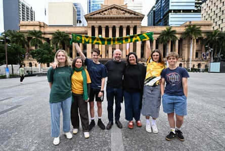 Football fans from Blackheath NSW (L to R) Simone Forde, her daughter Rosie (19) and son Jem (17), along with Todd and Sarah and their daughters Matilda (15) and Lucy (20) along with Simone and her son Jem (17) and daughter Rosie (19) are photographed in Brisbane, July 27, 2023, ahead of the Matildas game against Nigeria at the FIFA Women’s World Cup at Brisbane Stadium.