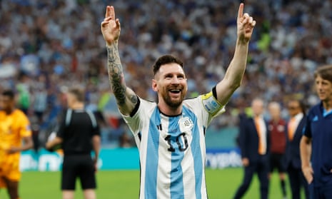 Lionel Messi celebrates after Argentina’s penalty shootout win against the Netherlands.