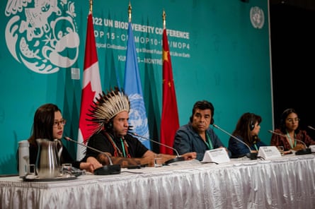 Representatives of Indigenous peoples, from Latin American countries, hold a press conference during COP15 in Montreal, Quebec, Canada.