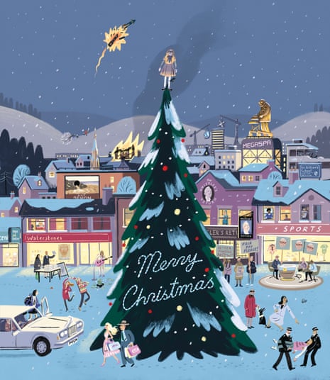 Cartoon of a Christmas scene with 24 deliberate mistakes in it