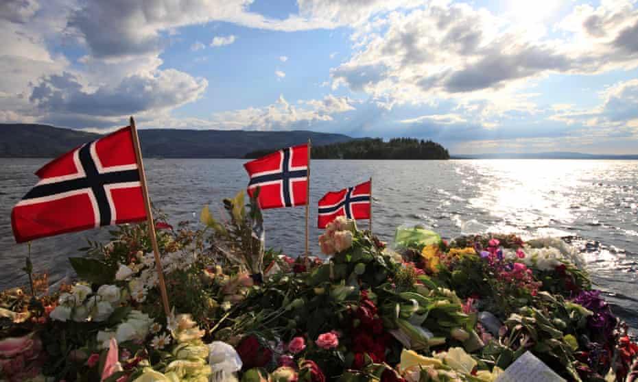 A memorial in Sundvollen overlooking Utøya island near Oslo, Norway, a few days after the 22 July 2011 assault.