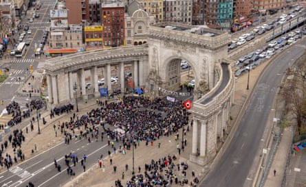 Activists block the entrance to the Manhattan Bridge, demanding a permanent ceasefire in Gaza, on 26 November 2023.