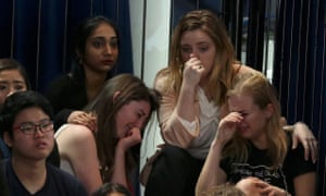 Supporters of Hillary Clinton react at her election night rally in Manhattan, New York, on 8 November 2016.