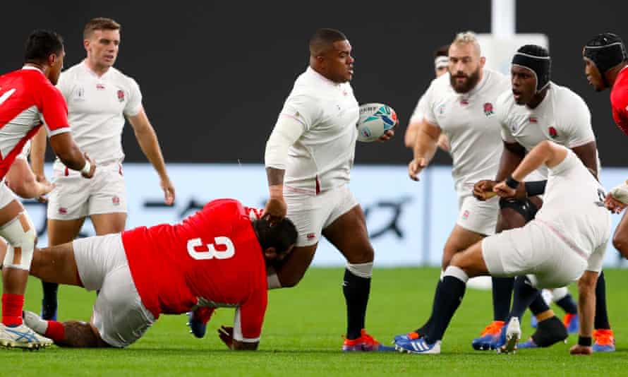 Kyle Sinckler tries to get over the gain line for England, who put in a mixed performance against Tonga.