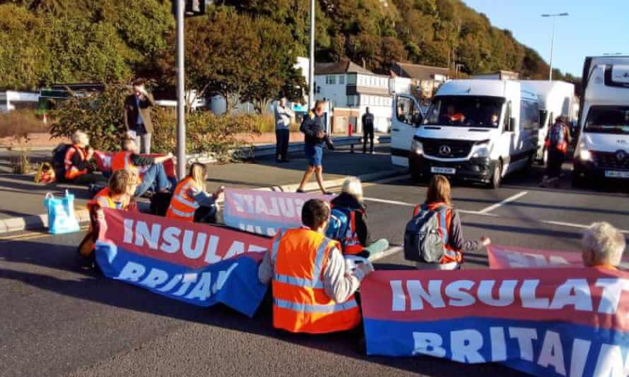 Insulate Britain protesters blocking the A20 in Dover, Kent.