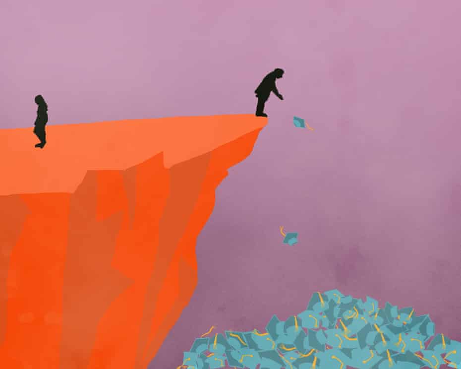 An illustration shows one small silhouetted figure standing at the edge of a cliff, tossing a graduation cap into a ravine filled with other graduation caps. Another silhouetted figure walks away at the left.
