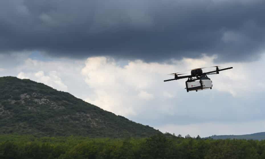A prototype of a package delivery drone in France. The Rwanda proposal says ‘specialist drones can carry blood and life-saving supplies over 100km at minimal cost’.