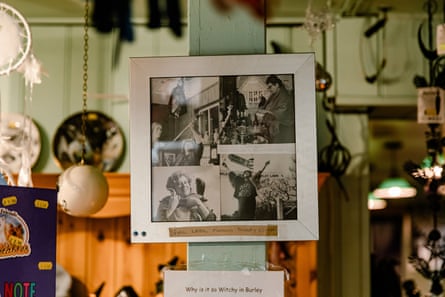 Photographs of former Burley witch Sybil Leek, pinned up in A Coven of Witches shop in Burley village