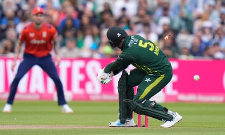 Mohammad Amir is bowled by Chris Jordan during Pakistan’s T20 defeat to England at Edgbaston.