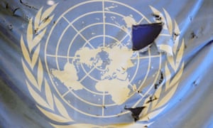 A ripped UN flag.