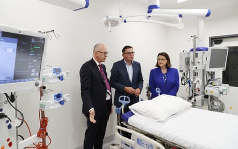 The Victorian premier, Daniel Andrews, inspects an ICU pod with the state’s health minister, Jenny Mikakos, on 10 March.