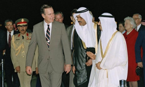 President George HW Bush is greeted by King Fahd on his arrival in Jeddah, Saudi Arabia, in November 1990.