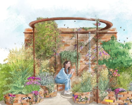 Watercolour of woman sat in garden surrounded by plants and flowers
