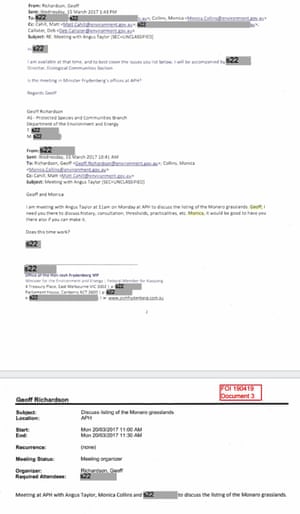 Screengrabs of documents supplied to Guardian Australia from the FOI regarding the critically endangered grassland species in the Monaro region on NSW.