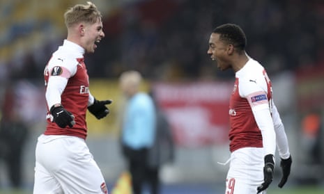 Arsenal’s Joe Willock (right) celebrates with fellow goalscorer Emile Smith Rowe, after scoring his side’s third goal.
