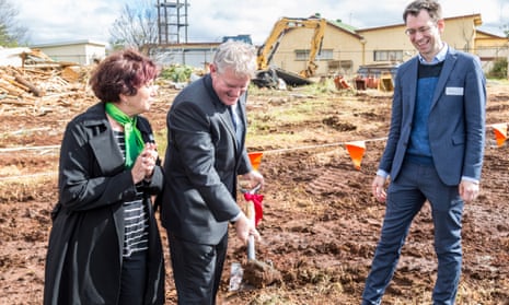 Carol Taylor, the deputy mayor of Toowoomba, and former MP Ian Macfarlane with Luke Terry, from Vanguard, breaking the soil of the Vanguard laundry and career development centre