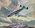 A vintage plane in a cloudy sky above a mountain range