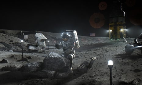 This illustration made available by Nasa in April 2020 depicts Artemis astronauts on the Moon.