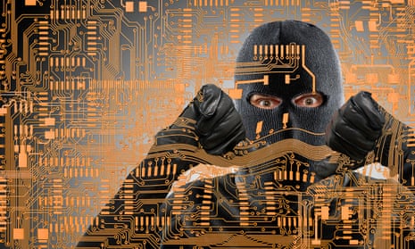 Graphic of a man in balaclava breaking through microchip pattern