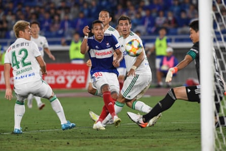 Edigar Junio of Yokohama F Marinos scores the only goal of the game in June 2019’s during the J-League match against Matsumoto Yamaga.