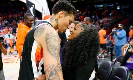 Brittney Griner with her wife, Cherelle, after a game earlier this season