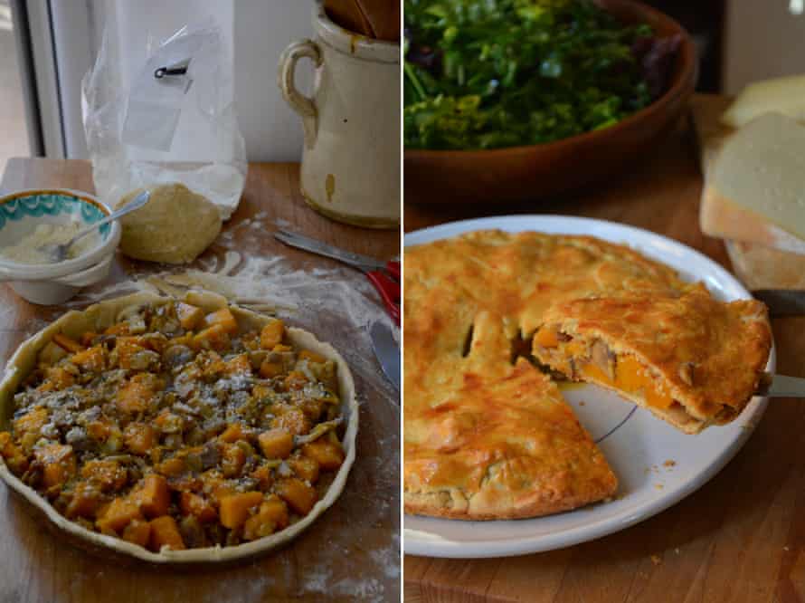 Rachel Roddy’s roasted vegetable and cheese savoury pie, with mushroom and chestnut.