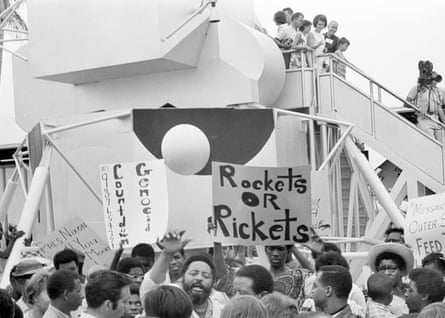 Demonstrators stage a protest at Cape Kennedy, Florida, on 15 July 1969, on the eve of the Apollo 11 moon mission.