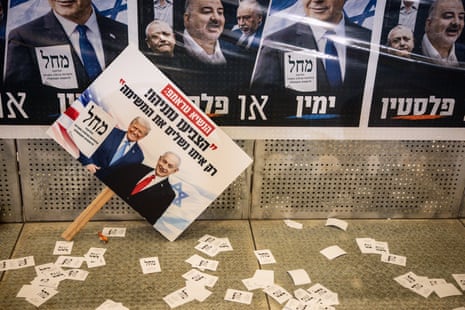 Placards are seen on the floor after Benjamin Netanyahu spoke to supporters.