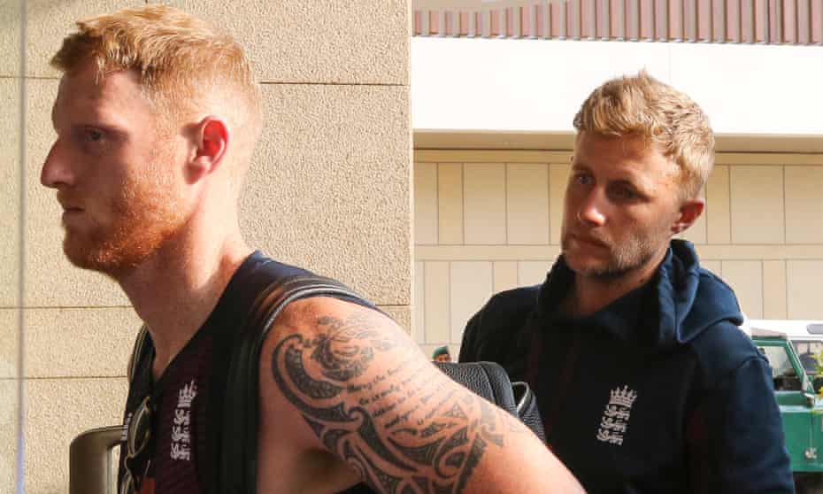 Joe Root with Ben Stokes as they prepared to leave Sri Lanka after England’s two-Test series was called off